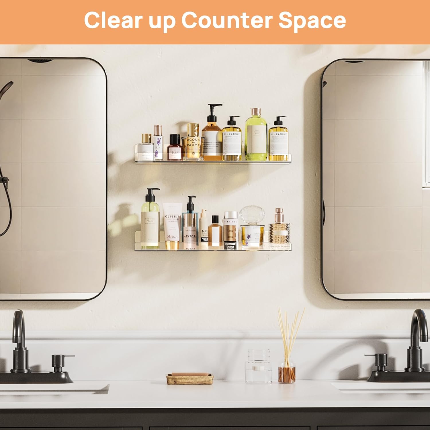 Upsimples Acrylic Floating Shelves - 15” Wall Organizer for Bathroom, Bedroom & Nursery | Clear 2-Pack