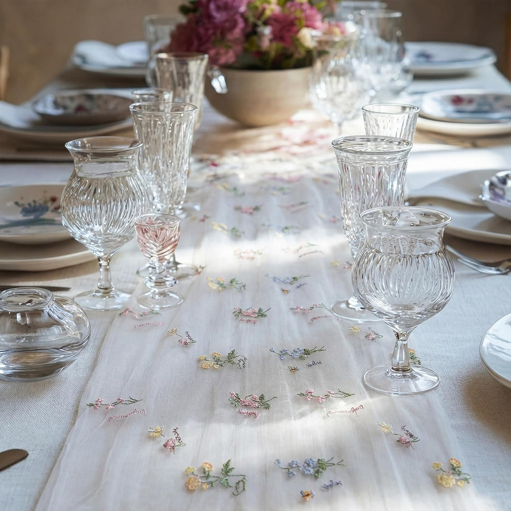 Remagr Floral Table Runner - 9.8 ft Embroidered Tulle for Home Decor, Weddings & Parties
