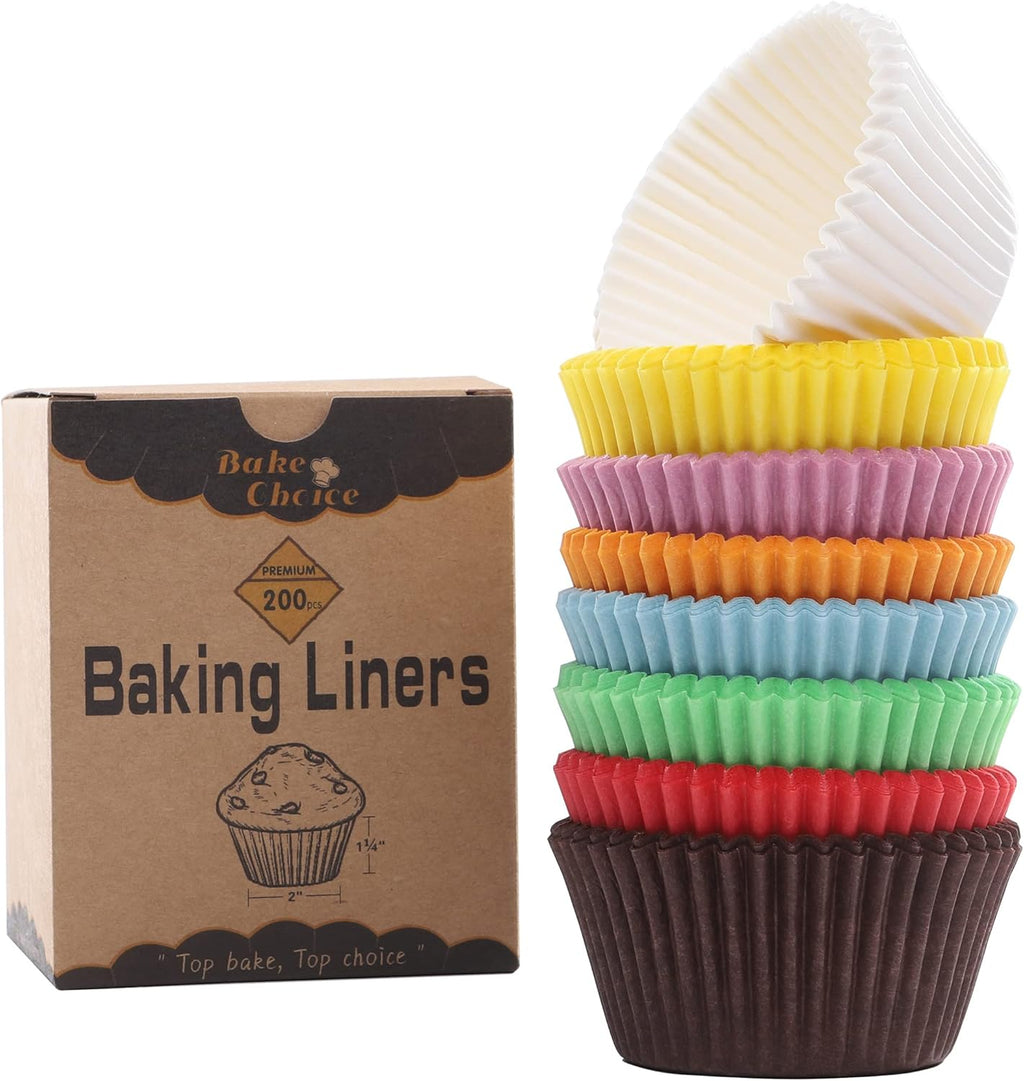Bake Choice 200pcs Rainbow Cupcake Liners - Food-Grade Greaseproof Muffin Wrappers for Baking & Decorations