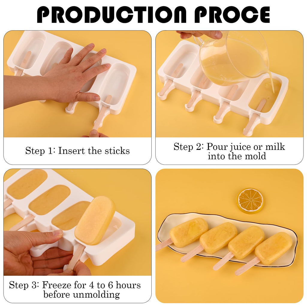 Sakolla Mini Popsicle Silicone Molds, 4 Cavities Homemade Ice Cream Molds with 100 Wooden Sticks for Ice Pop, Cakesicles, Cake Pop (Set of 3, White)