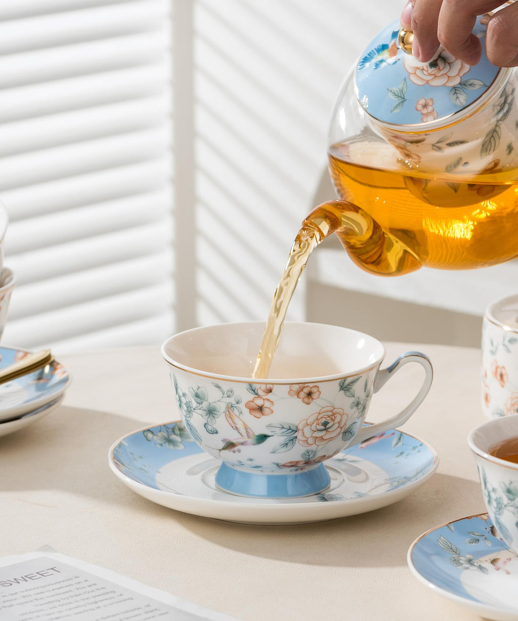 Jusalpha Porcelain Tea Set, Blue Floral Series, 4 Cups and Saucers with Teapot, Warmer, Filter and Spoon, 16 Pieces