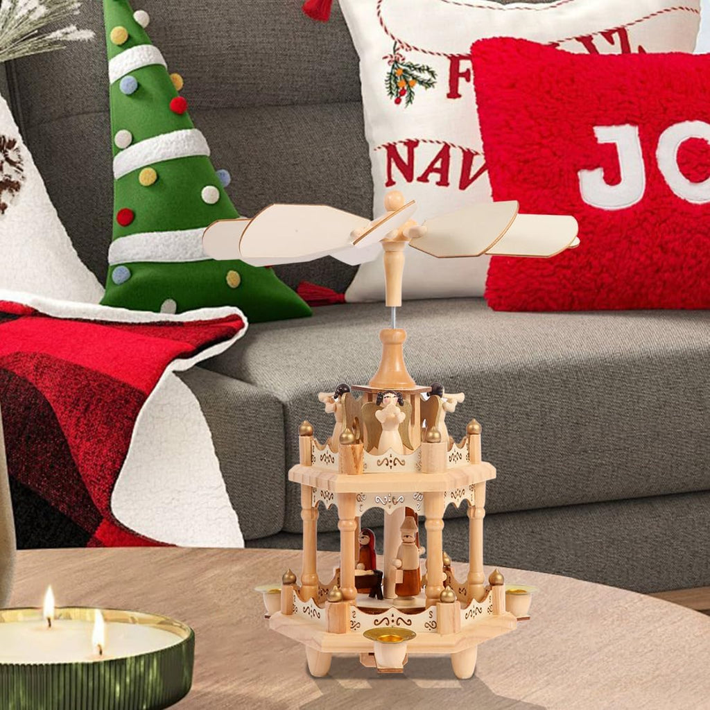 Rotating Christmas Pyramids - 12-Inch Wood Nativity Scene with 3 Candle Holders