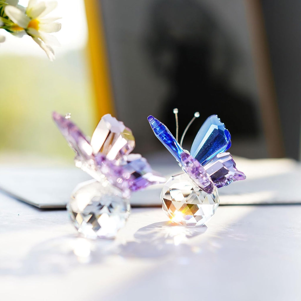 Skiennix Crystal Butterfly Figurines - Elegant Collectible Ornaments with Clear Ball Base | 2-Piece Set for Weddings & Gifts
