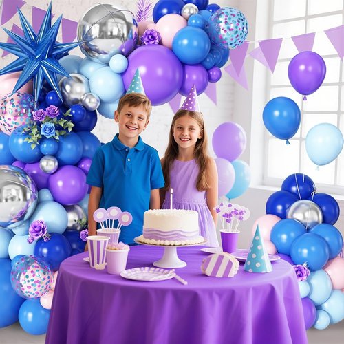 Blue Purple Silver Balloon Arch Garland Kit - Star Foil & 4D Round Balloons for Baby Shower & Birthday Party Decorations