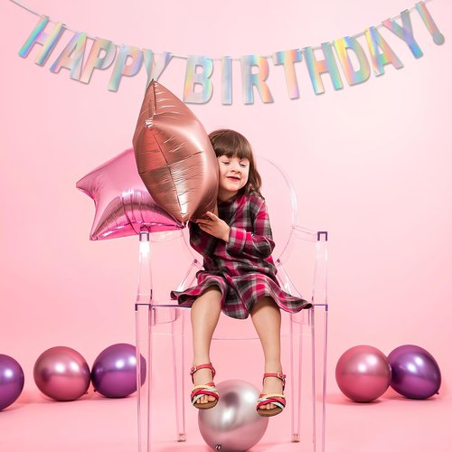 GREATRIL Holographic Happy Birthday Banner - Pre-Strung Iridescent Party Decoration | Colorful Bunting Sign
