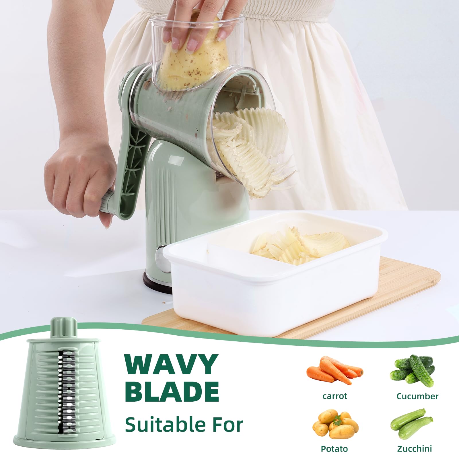 Rotary Cheese Grater with Handle, Vegetable Shredder with 5 Replaceable Blades & Strong Suction Base, Round Food Slicer & Chopper for Kitchen Fruit Vegetables Nuts with Blade Storage Box (Green)