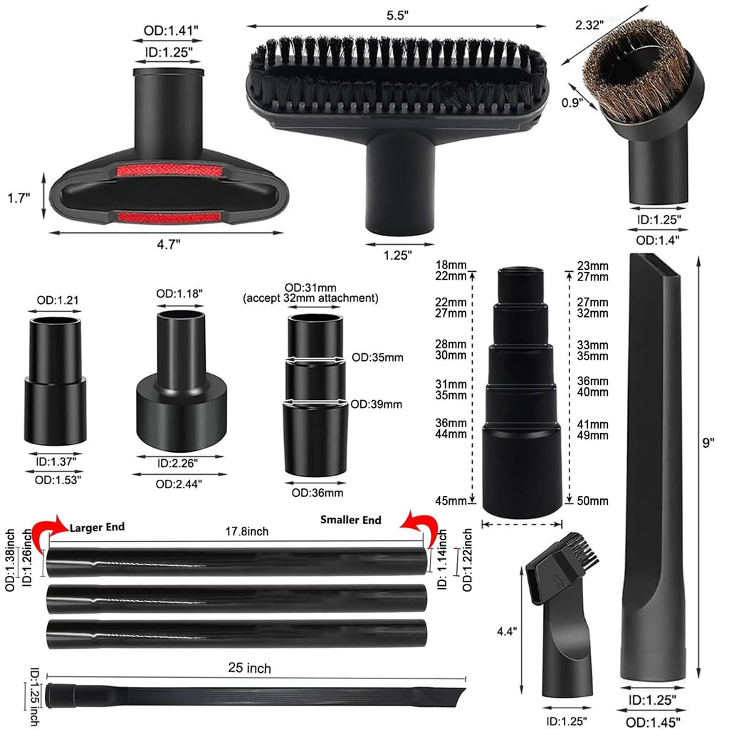 16 Pcs Universal Vacuum Attachments Kit for Shop Vac Accessories with 2 1/2" to 1 1/4" & 1 7/8" to 1" Hose Adapter for Shop Vac, 1 1/4" Shop Vacuum Cleaner Attachments, Household Cleaning Vacuum Kit