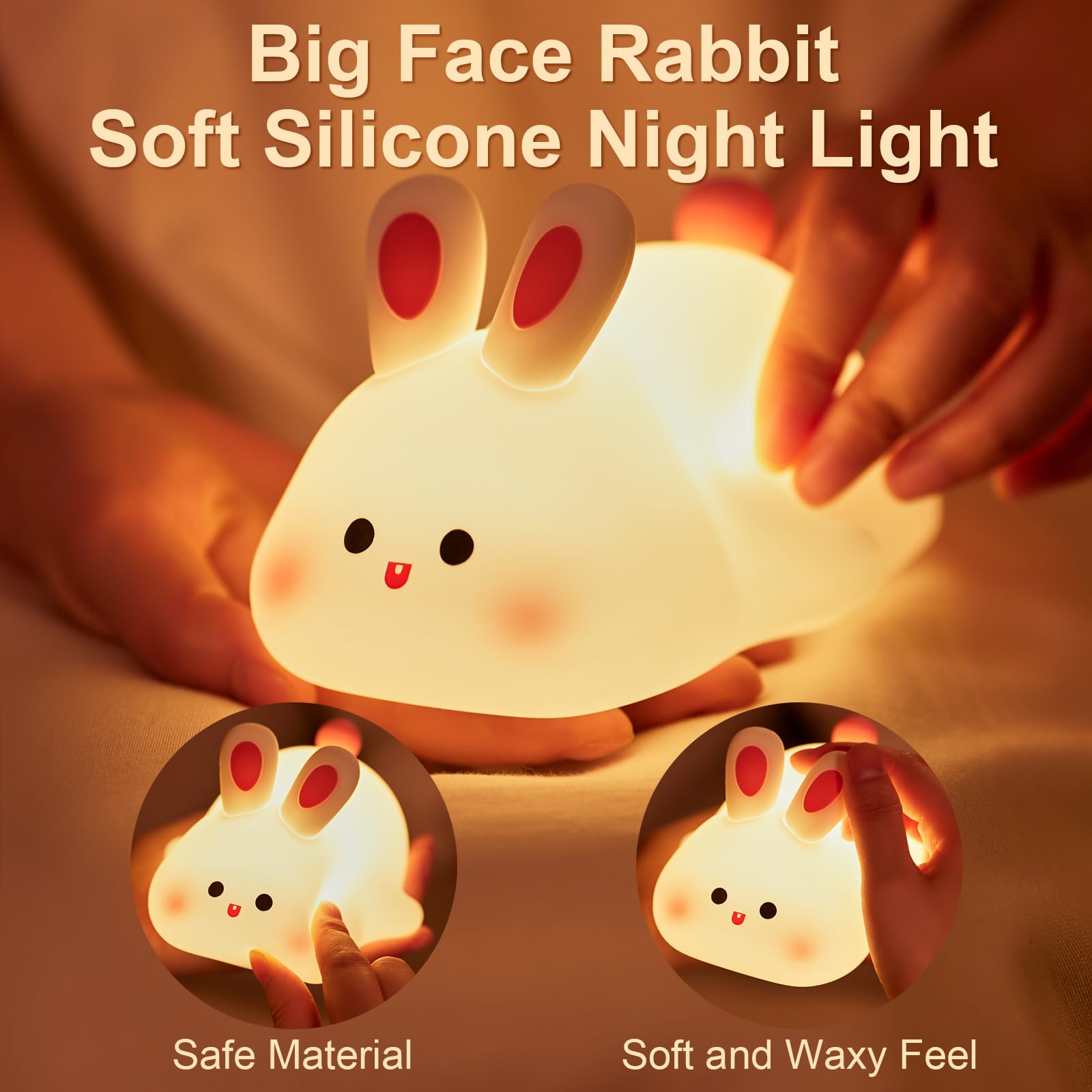 Beszeith Big Face Rabbit Silicone Night Light for Kids,Cute Animal Lamp, Easter Rabbit,Gifts Dimmable Light up Bunny, Nursery Night lamp,Rechargeable Bunny Nightlight, Bedside Lamp for Breastfeeding