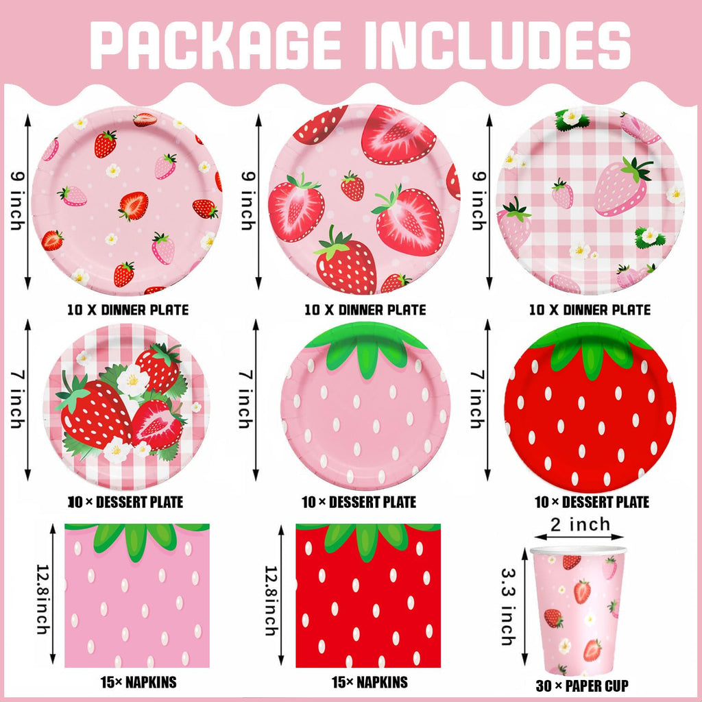 120PCS Strawberry Birthday Decorations, 7 and 9 Inch Strawberry Paper Plates, Cups, and Napkins Tableware Set for Summer Baby Shower Sweet Berry First Birthday Decorations Party Supplies, Serve 30