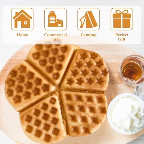 Cast Iron Waffle Maker Stove Top, American Waffle Maker Pre-Seasoned, Round waffle maker, PFOA free, 5-in-1 Shape Designs, Non-Coated Surface, Waffle iron for Camping Grill or Stove Top.