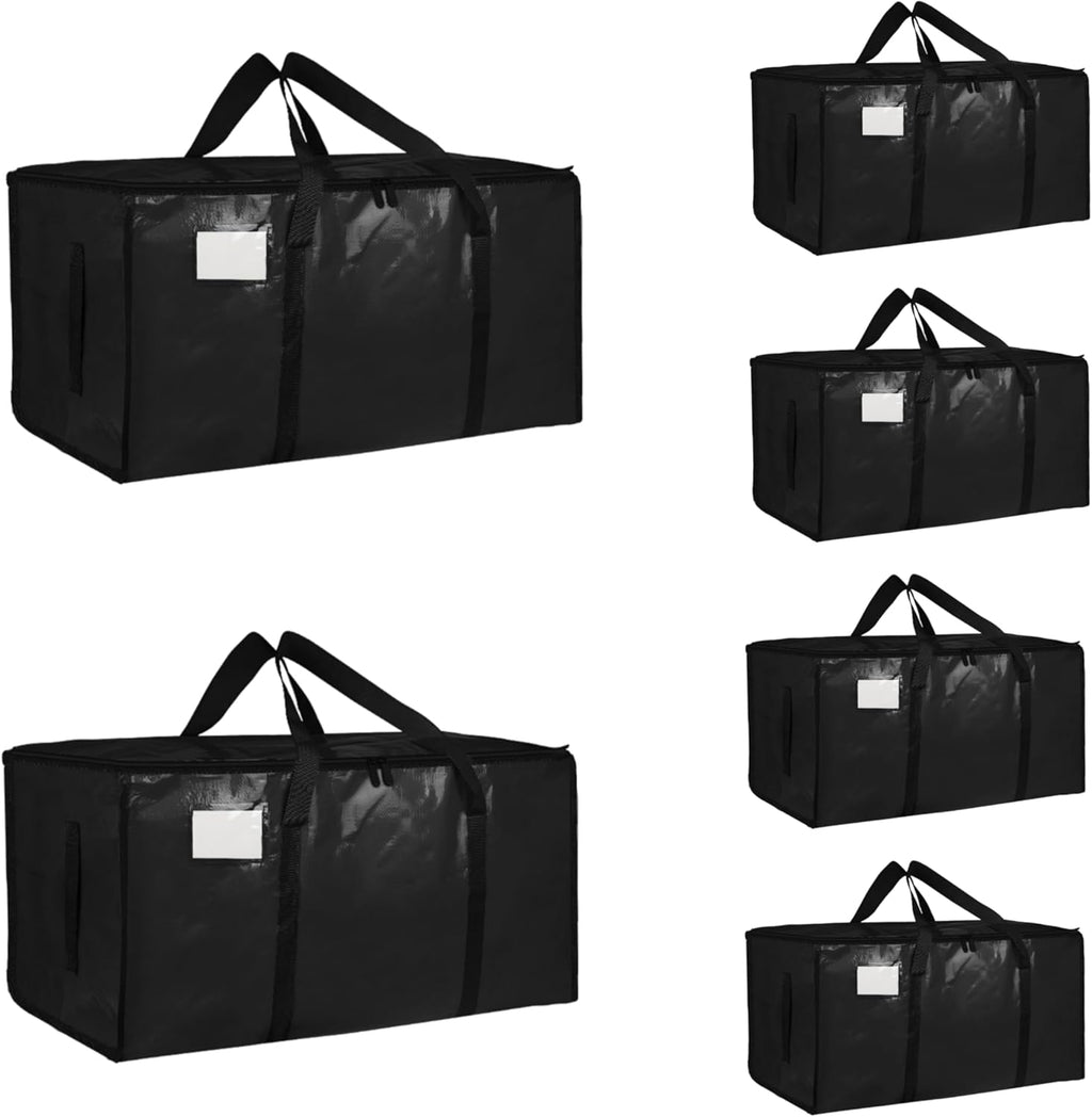 Skiennix Extra Large Heavy Duty Moving Bags - Waterproof Storage Totes with Handles & Zippers | 6 Pack (Black)
