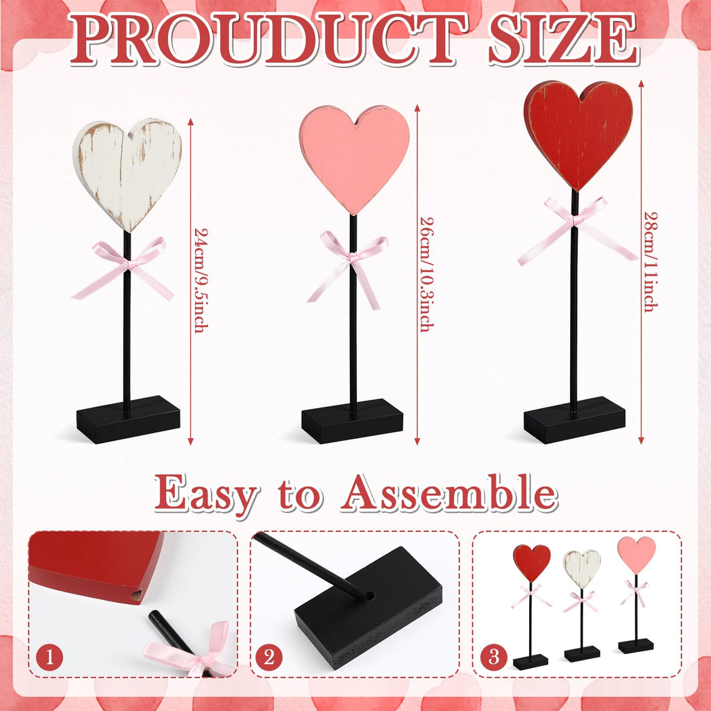 Yerliker 3 Pcs Valentine's Day Wooden Hearts Shape Sign, Valentines Day Farmhouse Table Decor, Rustic Pink Heart Shaped Standing Block, Love Signs for Centerpieces Wedding Party Favor Supplies
