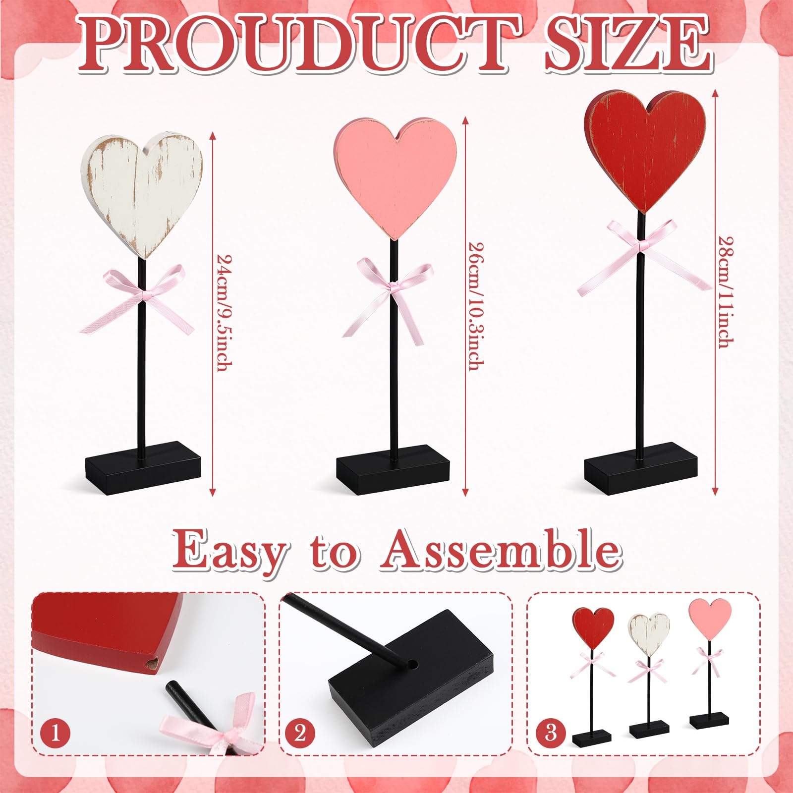 Yerliker 3 Pcs Valentine's Day Wooden Hearts Shape Sign, Valentines Day Farmhouse Table Decor, Rustic Pink Heart Shaped Standing Block, Love Signs for Centerpieces Wedding Party Favor Supplies