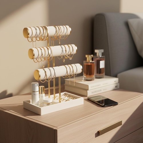 Pangkeep 3 Tier Bracelet Necklace Holder,Jewelry Displays for Vendors,T Bar Velvet Jewelry Stand with Tray,Jewerly Organizer for Bangles Necklace Scrunchie Watches Rings (Beige)