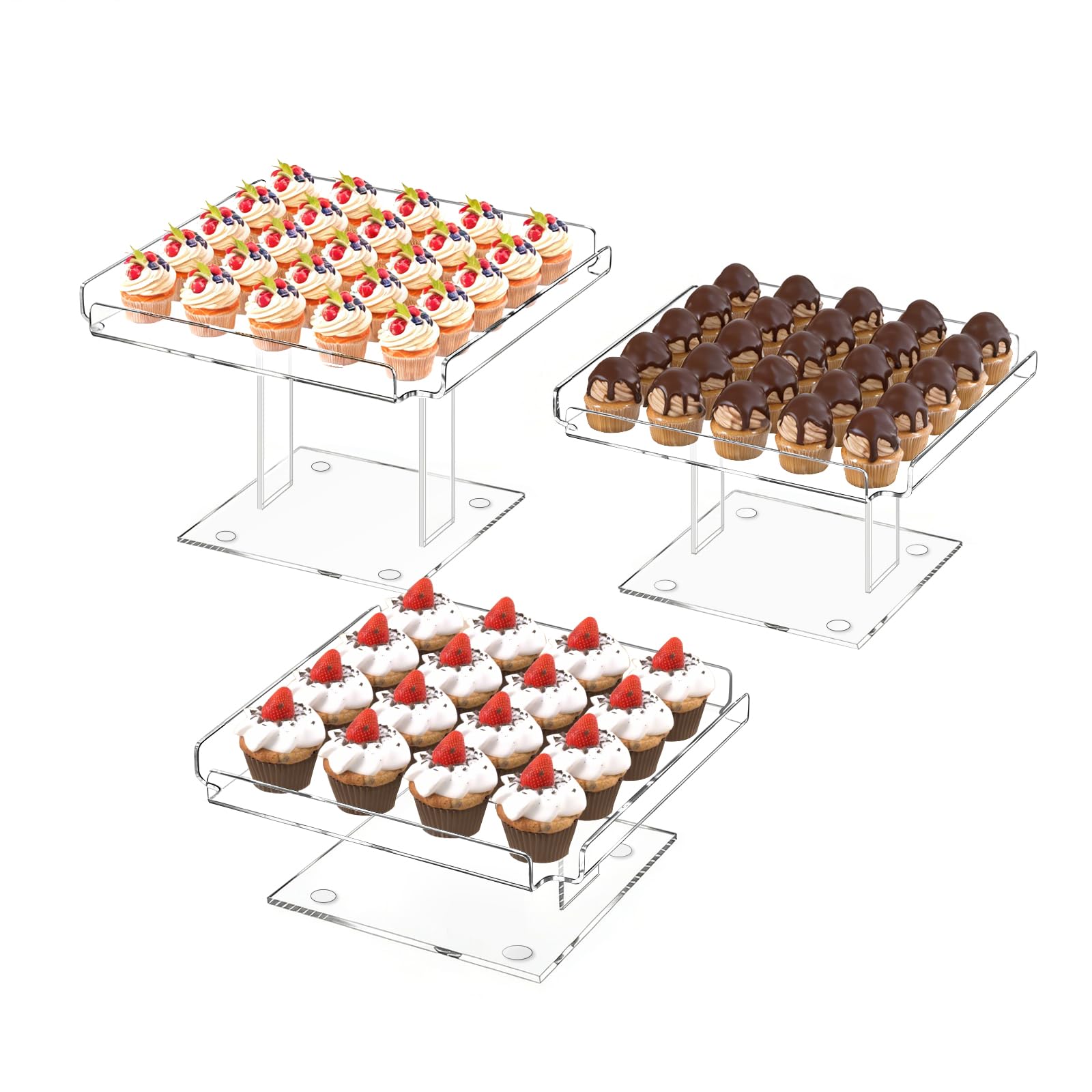 HEKORE 3 Pieces Acrylic Cupcakes Stand – 12 Inch Dessert Table Display Set Wedding & Event Display for Macarons, Pastries – Commercial-Grade Buffet Riser (Holds 54+ Cupcakes)