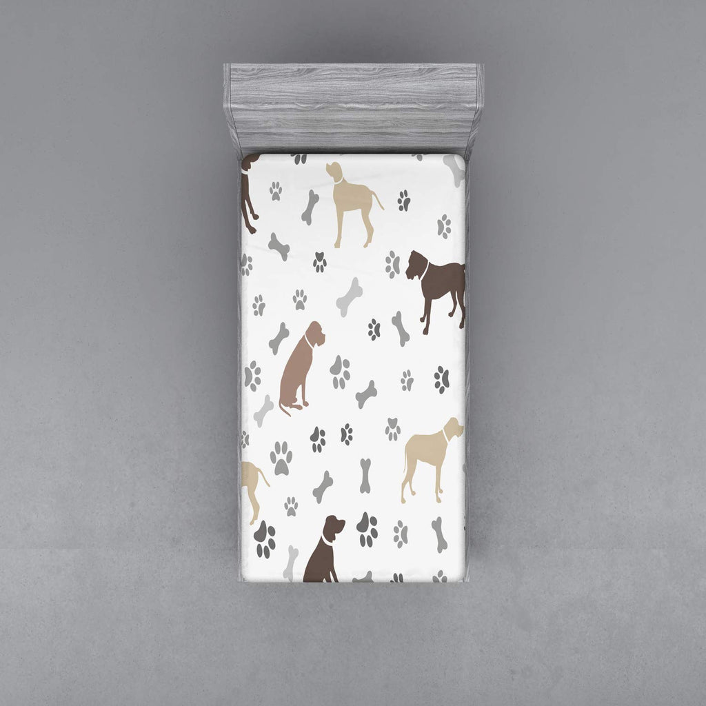 Ambesonne Dog Lover Fitted Sheet, Paw Print Bones and Dog Silhouettes American Foxhound Breed Playful Pattern, Bed Cover with All-Round Elastic Deep Pocket for Comfort, Twin Size, Umber Beige Grey