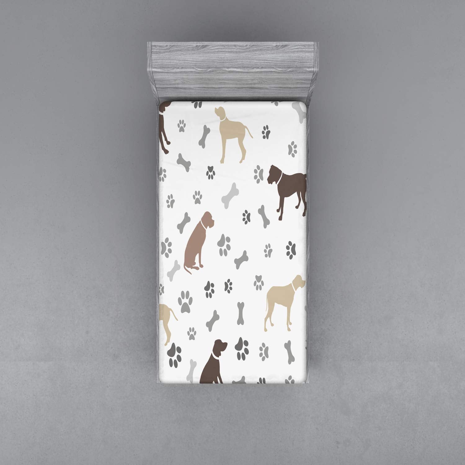 Ambesonne Dog Lover Fitted Sheet, Paw Print Bones and Dog Silhouettes American Foxhound Breed Playful Pattern, Bed Cover with All-Round Elastic Deep Pocket for Comfort, Twin Size, Umber Beige Grey