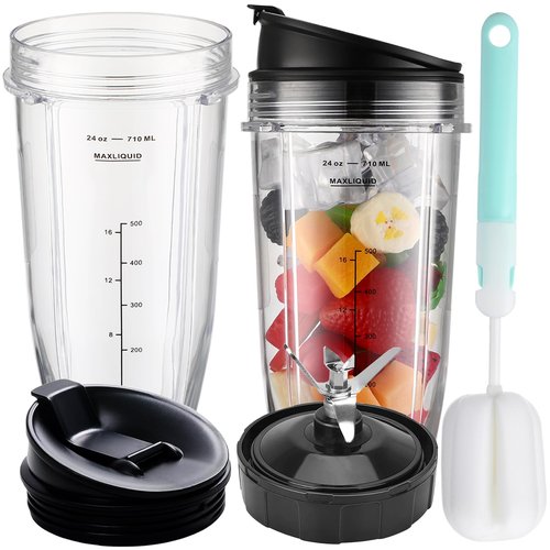 Blender Replacement Parts for Ninja, 24oz NinjavBlender Cups with To-Go Lids & 7 Fins Extractor Replacement Blade for Ninja Auto iQ Blenders BL480-30 BL642-30 BL682-30 BN401 BN751 BN801 BL2012 NN102