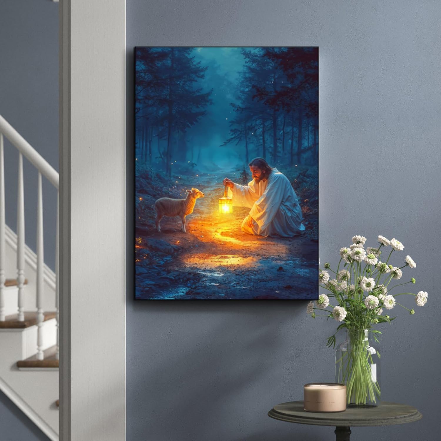 Ploceiny Christian Wall Art | Jesus Running After Lost Lamb Canvas Print | 16" x 24" Home Decor