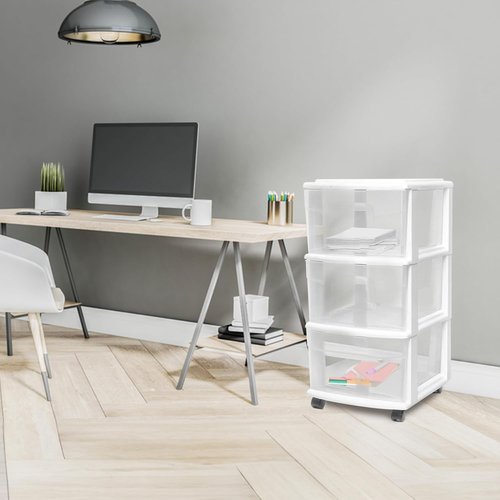 HOMZ 3-Tier Rolling Storage Cart - White Frame with Clear Bin Drawers for Home & Office Organization