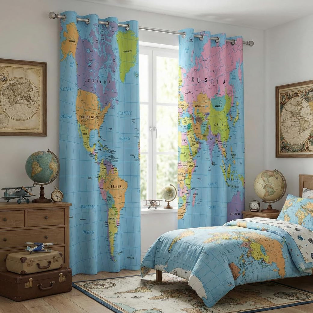 terxgrl World Map Blackout Curtains for Girls Boy Home Decor, Geography Educational Tourist Map Grommet Thermal Insulated Drapes Darkening Window Curtain for Bedroom Living Room, 42 x 45 Inch