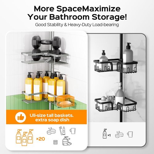 HAMITOR Shower Caddy - 4-Tier Rustproof Bathroom Organizer with Soap Holder & Hooks | Adjustable No-Drill Design (47-123 Inch)