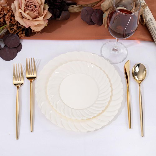U-QE 100 Count 9 Inch Ivory Plastic Plates for Party - Scalloped Disposable Dinner Plates - Premium Hard Fancy Disposable Heavy Duty Party Supplies for Birthdays, Celebrations, Weddings and Events