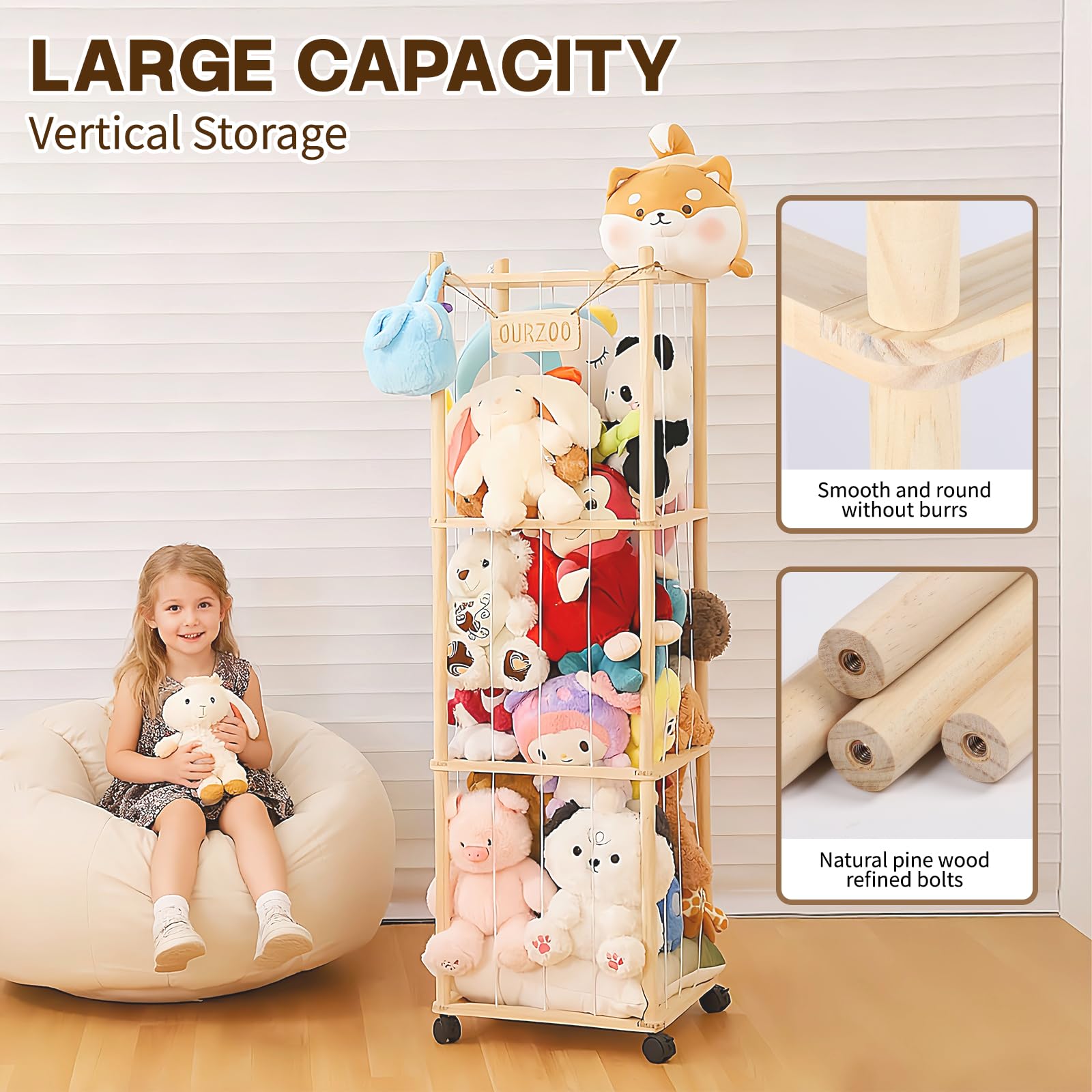 Caleb Stuffed Animal Storage & Organization with Wheels, 54 inch Wooden Stuffed Animal Holder, Cute Zoo Plush Toy Storage Organizer for Toddler Rooms, Playrooms & Bedrooms