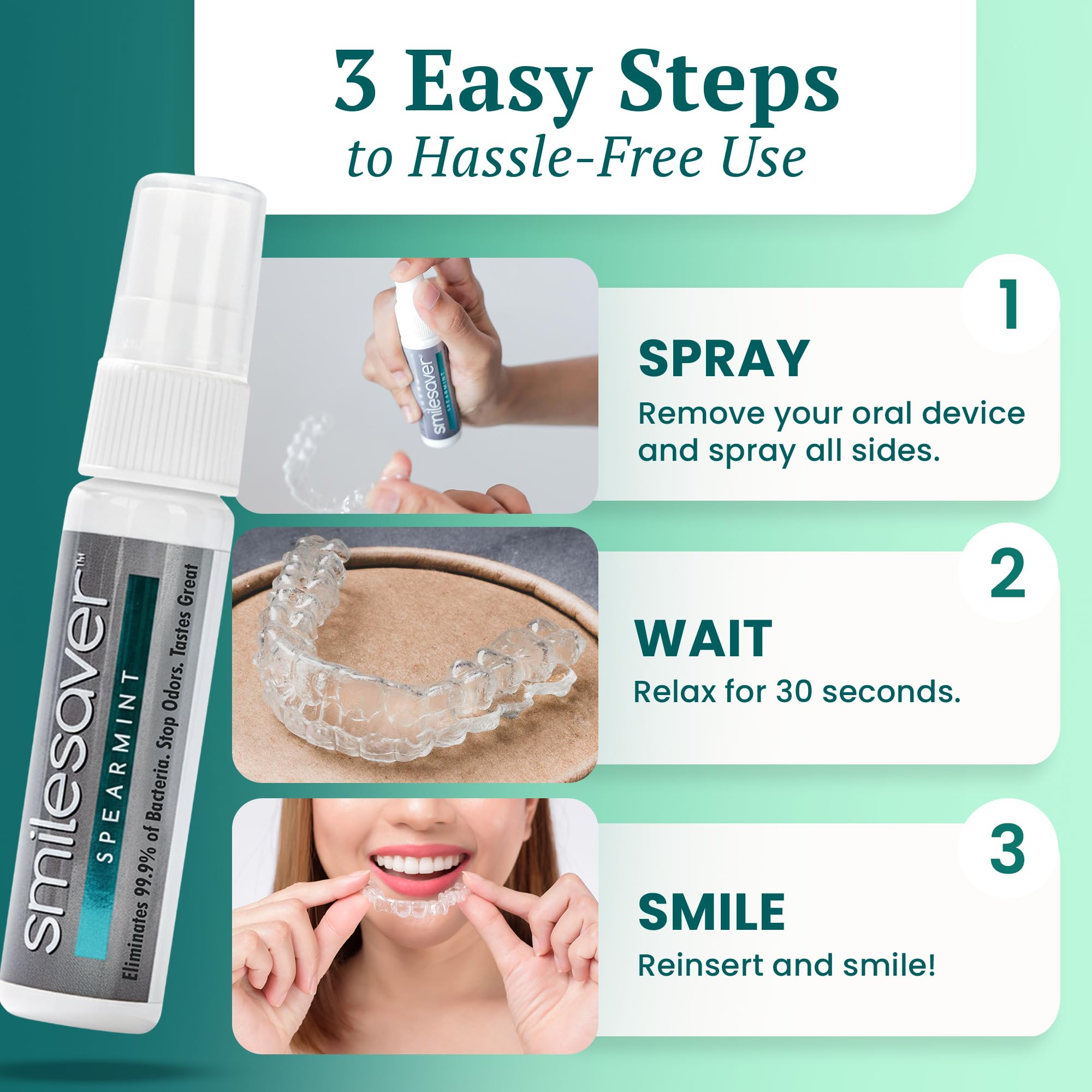 Smilesaver Retainer Cleaner Spray – Invisalign, Mouth Guard, and Denture Cleaner – Quick Oral Care for Aligner & Retainer Hygiene – Natural, Portable & Minty Fresh Oral Care Products (1oz) (Pack of 2)