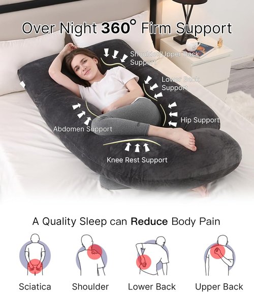 ALLOPERA Pregnancy Pillow - Full Body 57-Inch Maternity Support Pillow | Removable Washable Cover, Black Grey Velvet