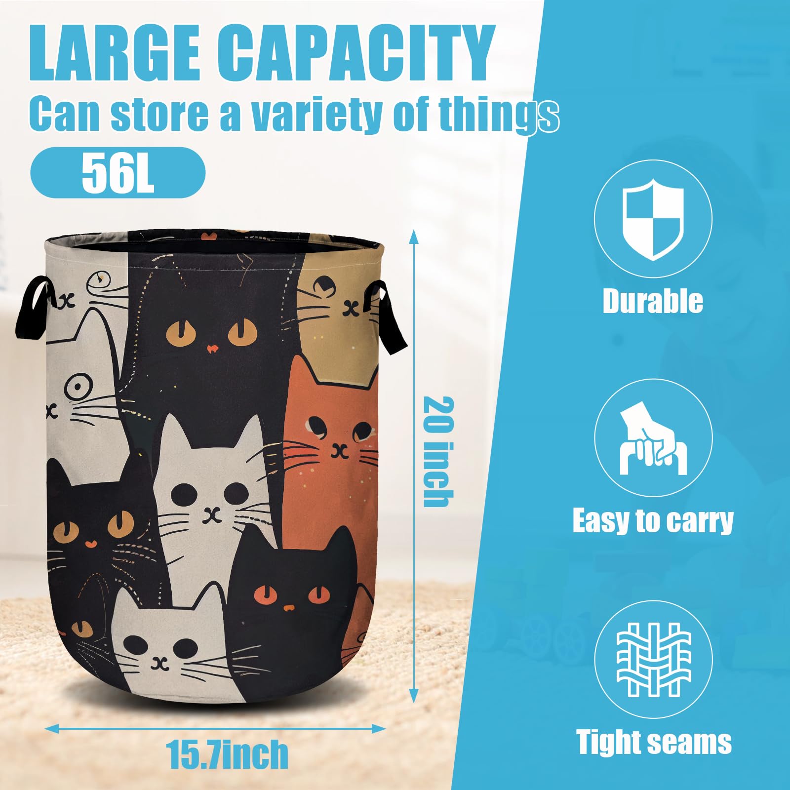 Watercolor Funny Cat Laundry Basket, Laundry Hamper Collapsible Oxford Cloth with Handle Clothes Storage Bin for Bathroom Laundry Room Bedroom 15.7 X 20 Inch