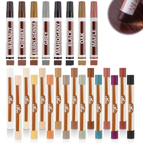 A-HEYIDA Wood Filler Putty Sticks -16 Colors Wax Crayons & 8 Furniture Marker Touch-Up Pens for Wood Floors & Cabinet Scratches, Cracks and Nail Holes - Laminate Floor Repair Kit