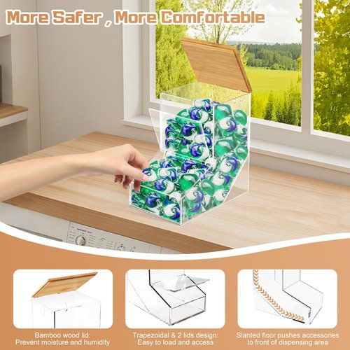 JYPS Laundry Box,Acrylic Dishwasher Pod Holder with 2 Lids,Powder Dispenser,Drying Balls,Beads,Soap Organizer for Room Table/Wall Mounted,Snack Candy Storage (1pcs-bigger)