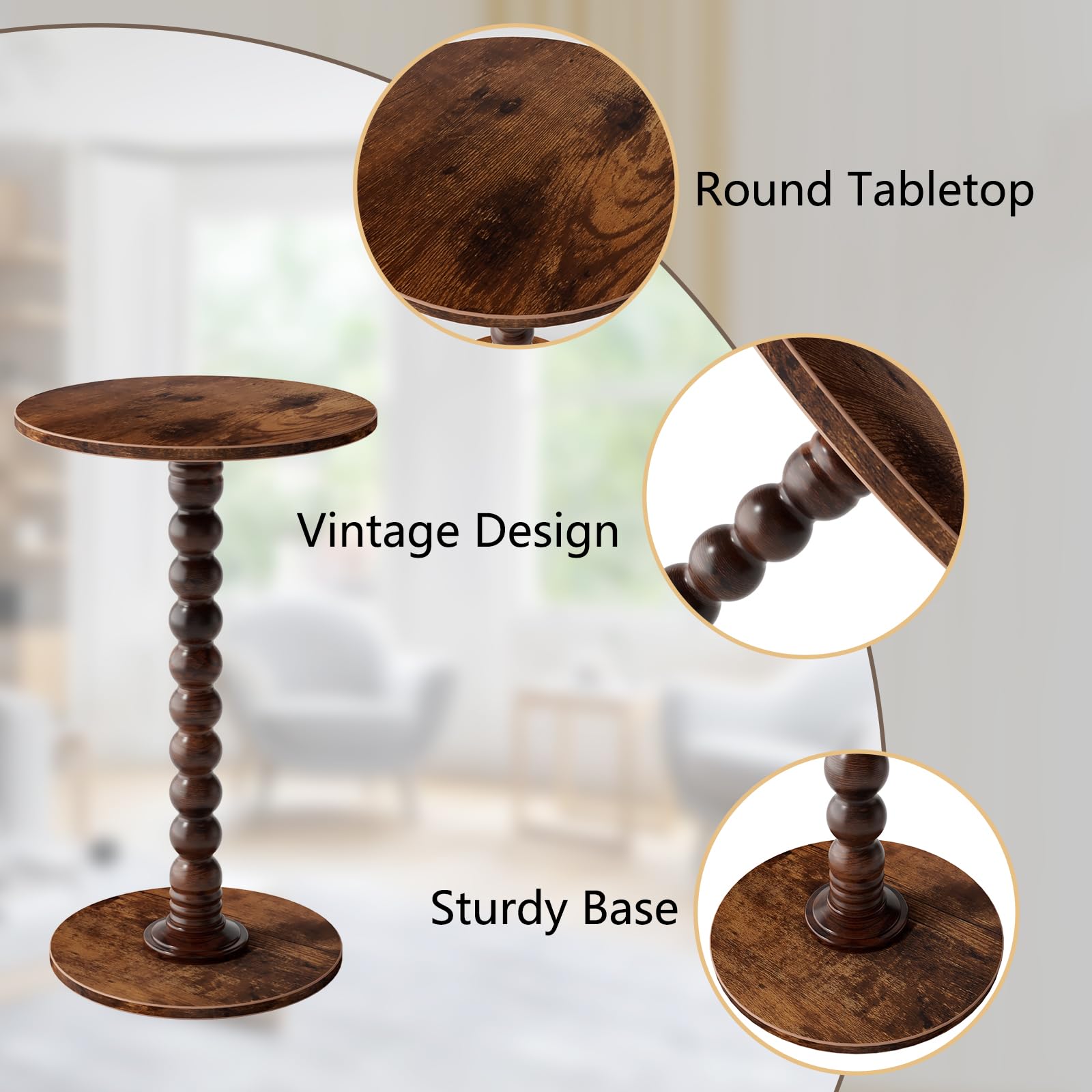 Yaoyiizy Drink Table, Drink Tables for Small Spaces, Modern Accent Nightstand with Solid Wood Leg for Living Room, Bedroom, Bathroom, Brown