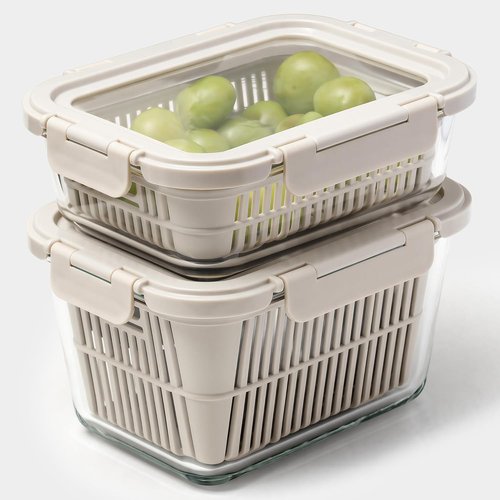 GENICOOK Glass Produce Storage Containers - Airtight 2-Pack with Removable Colanders & Flexible Silicone Lids, BPA-Free