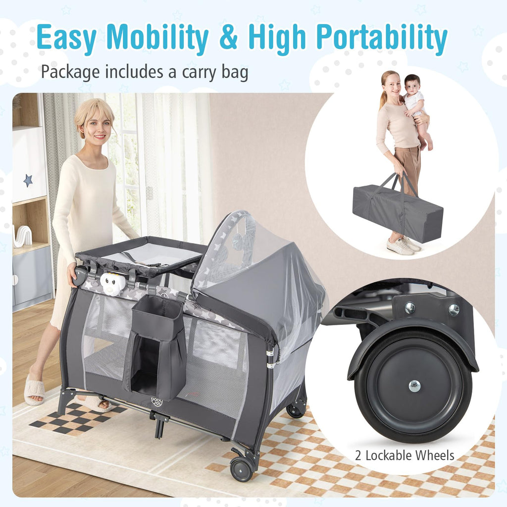 BABY JOY 4 in 1 Pack and Play, Portable Baby Playard with Bassinet, Adjustable Canopy, Changing Table, Lockable Wheels, Glowing Music Box, Travel Baby Crib Bassinet Bed from Newborn to Toddler