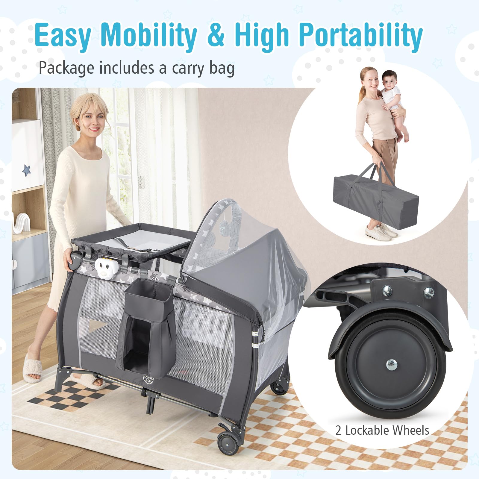 BABY JOY 4 in 1 Pack and Play, Portable Baby Playard with Bassinet, Adjustable Canopy, Changing Table, Lockable Wheels, Glowing Music Box, Travel Baby Crib Bassinet Bed from Newborn to Toddler
