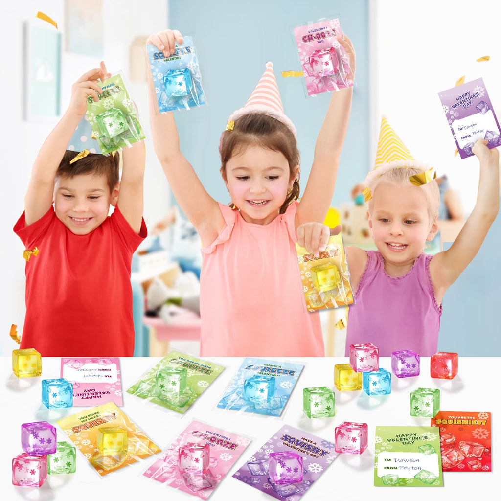 Valentines Day Cards Gifts for Kids School, 24 Pack Snow Cube Squeeze Balls with Greeting Cards for Kids Classroom Exchange Prizes, Stretchy Toy Balls Bulk Gift, Squeeze Fidget Toy for Party Favors