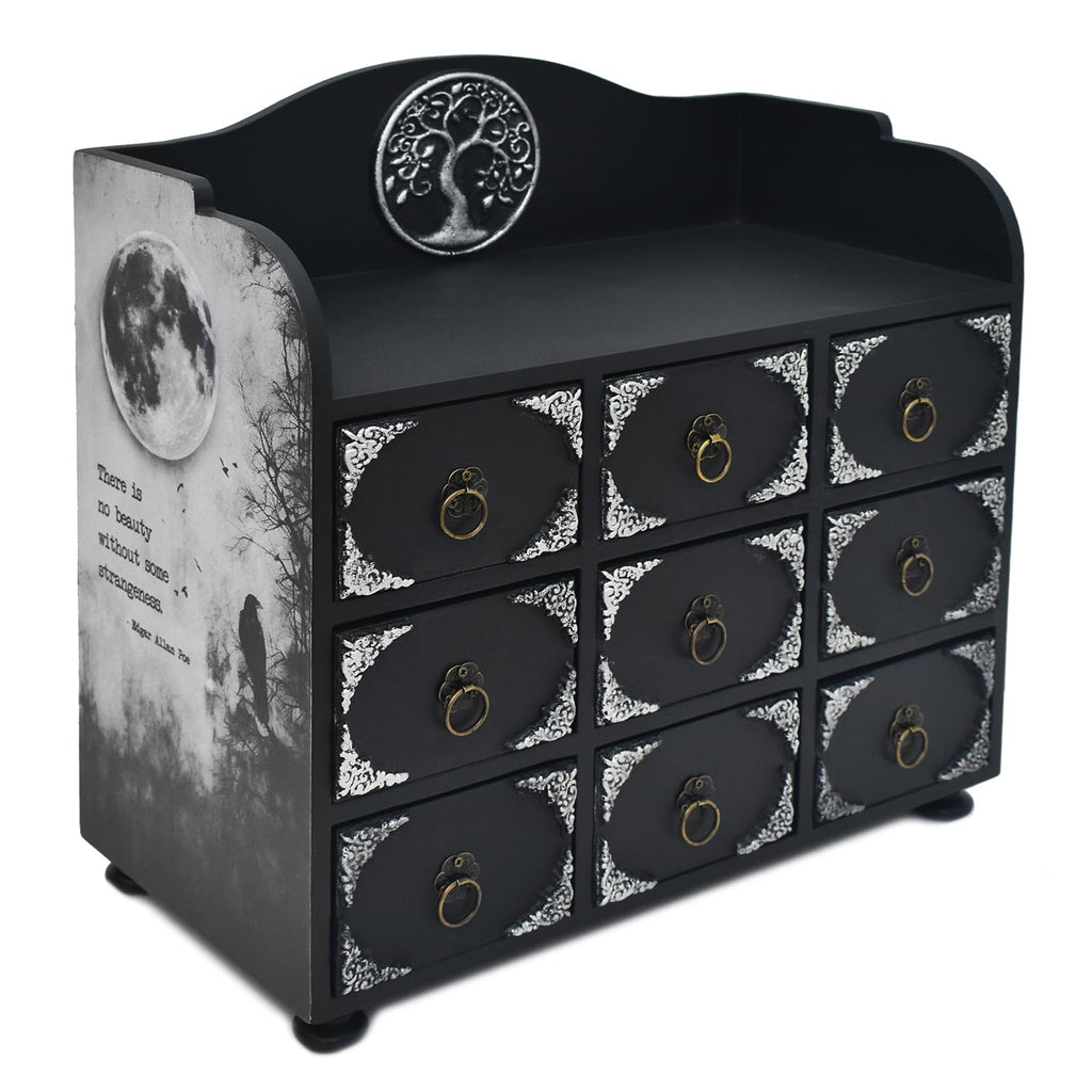 IRISVITA Black Rustic Gothic Jewelry Box With 9 Drawers, Edgar Allan Poe Poems Cabinet of Curiosites, Gothic Decor, Gift for Poetry/Goth Fans