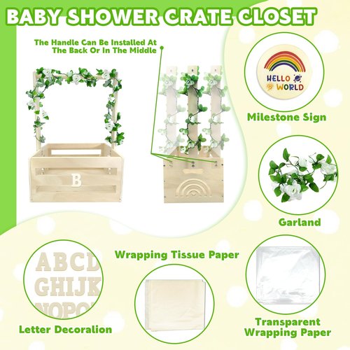 Amgkonp Wooden Baby Shower Crate Closet with Hanger Rack,Baby Baskets,Baby Shower Baskets with Handles & Garland for Newborn Boys Girls,Pregnancy Gifts for New Parents