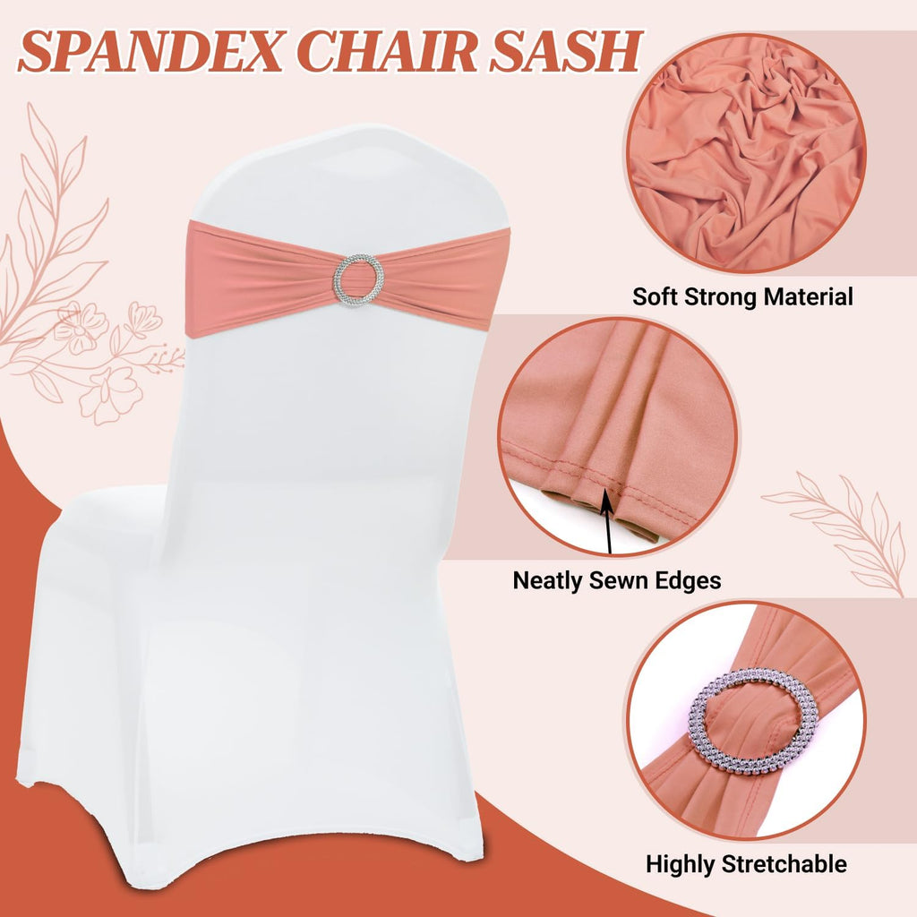 MDS Premium Spandex Chair Sashes - Stretch Chair Cover Bands with Buckle Slider | Pack of 100 - Coral Peach