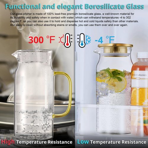 Bivvclaz 2 Pack 2 Liter 68 oz 2.1 Qt Gold Glass Pitcher with Lid and Handle, Water Pitcher for Fridge, Glass Carafe for Hot/Cold Water, Large Iced Tea Pitcher for Coffee, Juice and Homemade Beverage