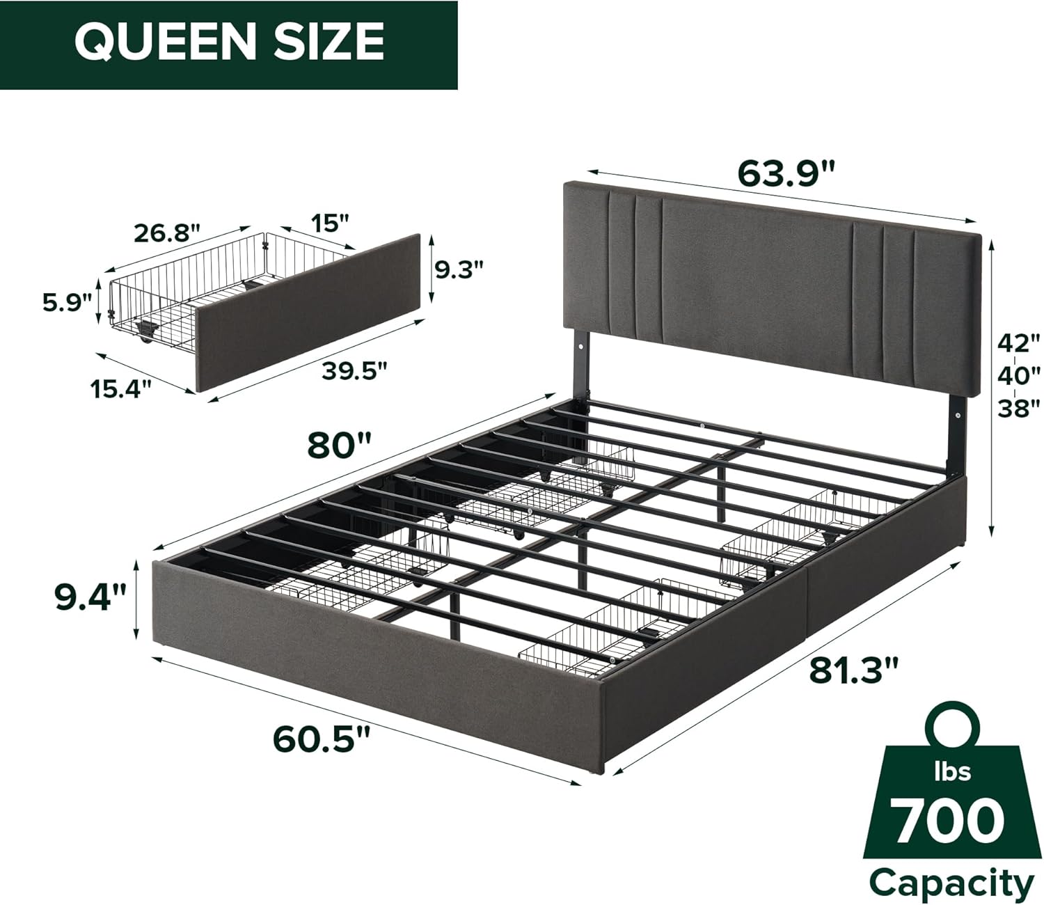 Zinus Billie Platform Bed Frame - Upholstered Design with Adjustable Headboard & 4 Storage Drawers | Queen Size