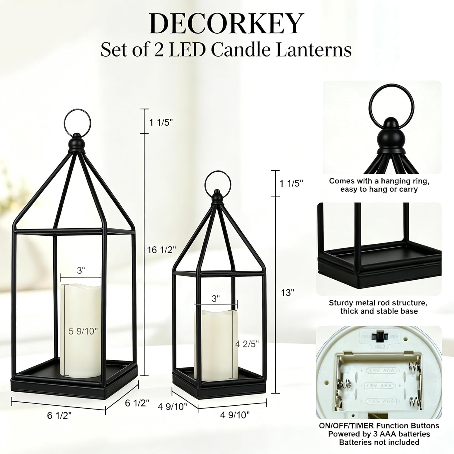 **DECORKEY Lanterns - Vintage Black Metal Candle Holders for Indoor & Outdoor Decor | 18" & 14" Sizes**