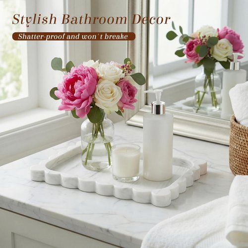 Teecyhooo Silicone Bathroom Tray 11.5 x 8.7 Inch Scalloped Silicone Decorative Tray for Soap Dispenser Bottles, Bathroom, Dresser, Kitchen, Vanity, Home Decor, Marble Texture Design