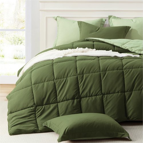 Homelike Moment Queen Comforter Set Olive Green, Lightweight Comforters Queen Size Set, Soft Down Alternative Bed Comforter Full Size All Season 3 Pcs Set with 2 Shams Olive Green/Sage Green