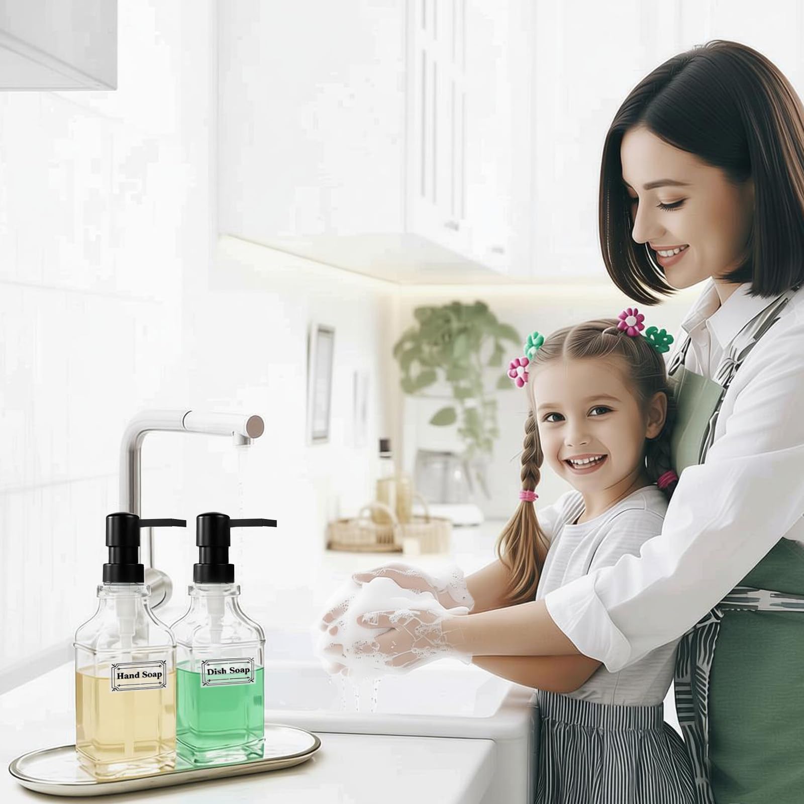 BPFY 3 Pack Glass Soap Dispenser with Pump, 17oz/500ml Square Refillable Hand and Dish Soap Dispenser for Bathroom Decor & Kitchen Sink, Clear Pump Bottles for Liquid, Lotion (Includes 6 Labels)