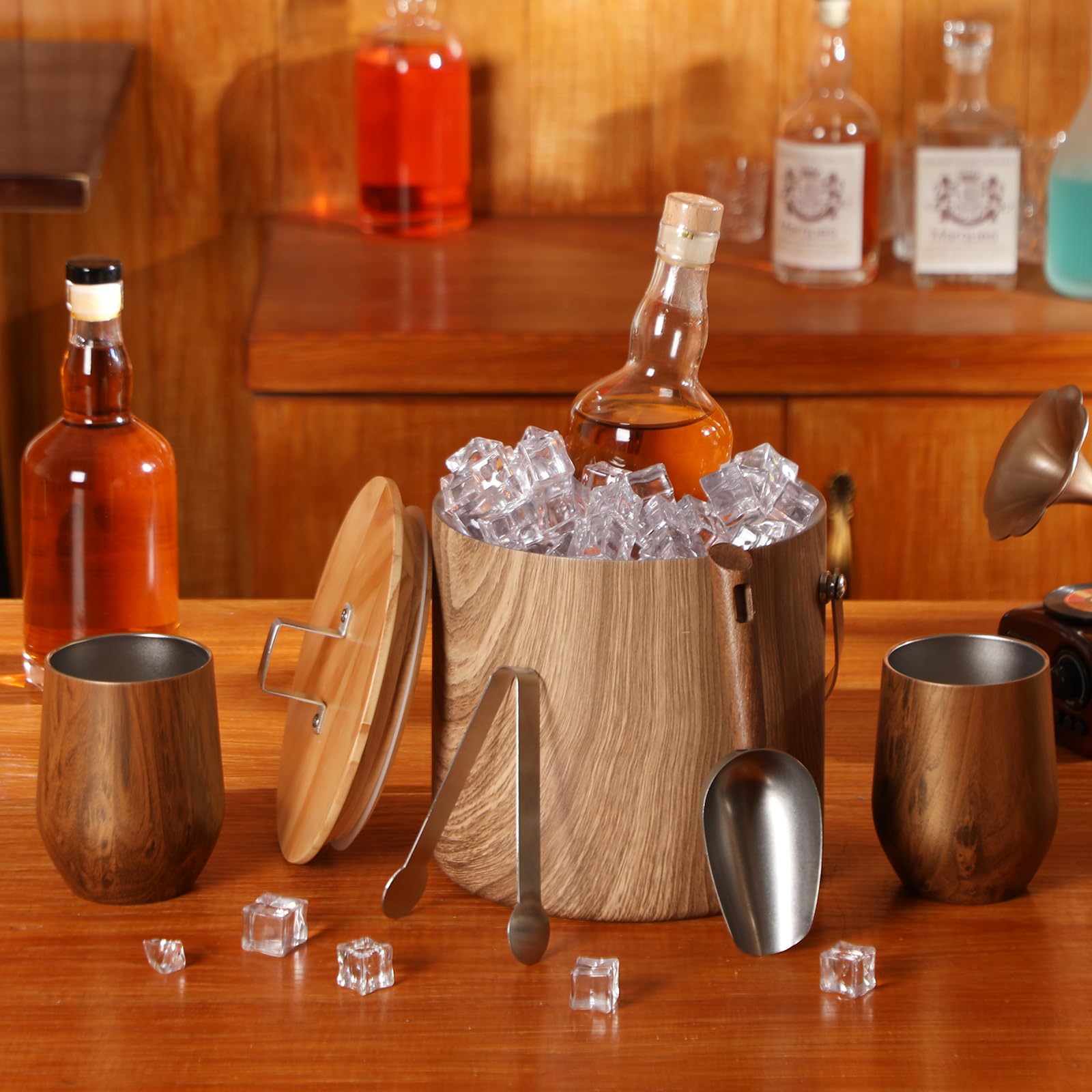 Meekoo Stainless Steel Ice Bucket for Parties,3L Double-wall Vacuum Insulated Ice Bucket with Lid, Scoop, Tong, and 4 Wood Texture Cups for Champagne, Cocktail, Home Barware, Bar, Outdoor Supplies