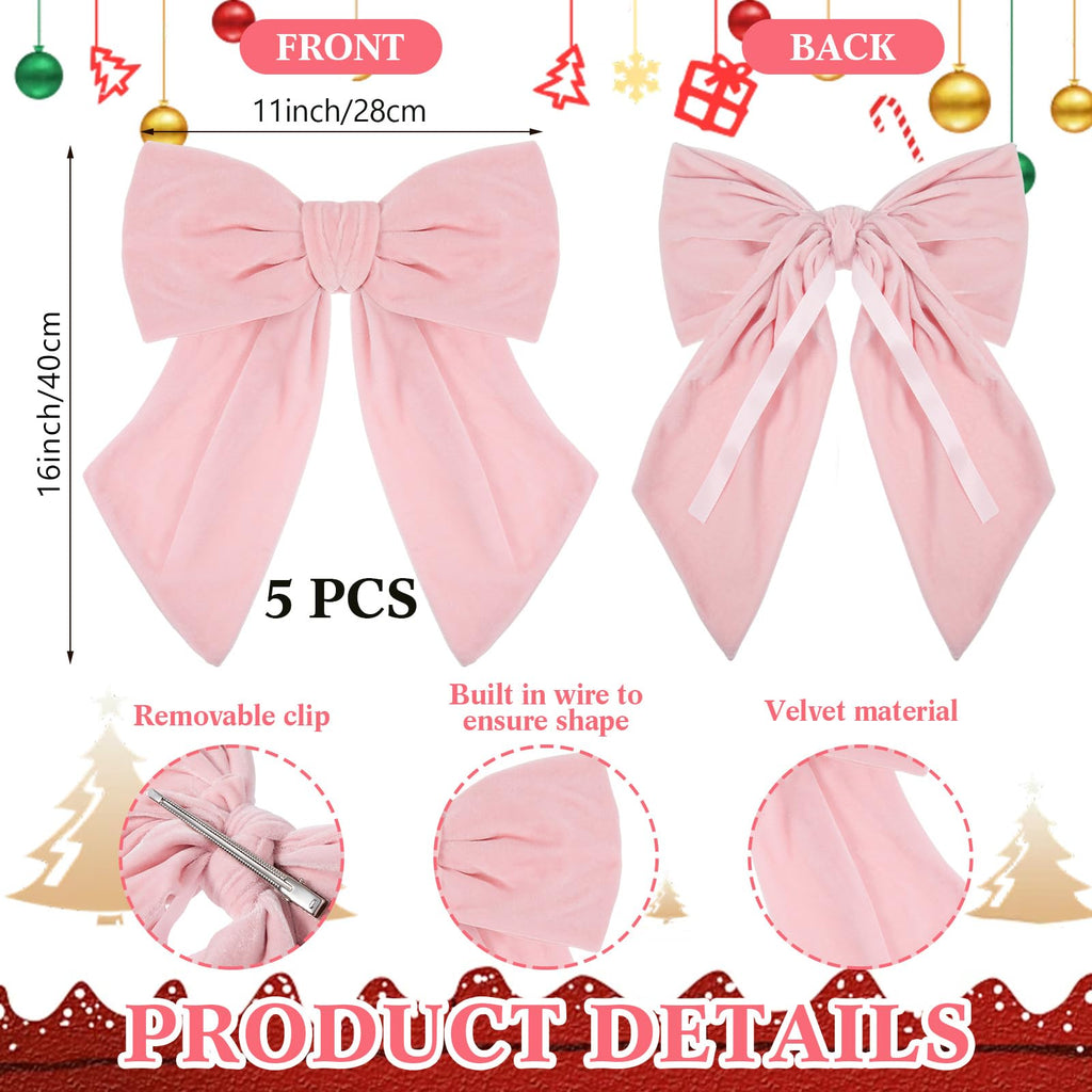 Riceshoot 5 Pcs Valentine's Day Velvet Bows 11'' x 16'' Large Velvet Ribbon Bow for Wreaths Pre-Tied Bowtie for Valentines Gift Wrapping Romantic Festive Party Decoration(Light Pink)