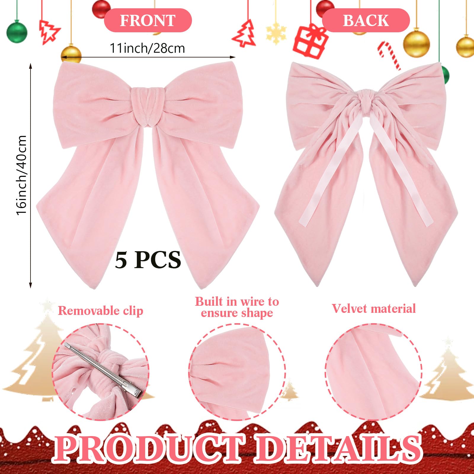 Riceshoot 5 Pcs Valentine's Day Velvet Bows 11'' x 16'' Large Velvet Ribbon Bow for Wreaths Pre-Tied Bowtie for Valentines Gift Wrapping Romantic Festive Party Decoration(Light Pink)